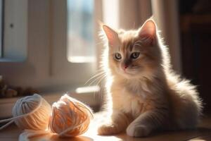 Adorable fluffy kitten playing with a ball of yarn, in a pastel-colored room with a window that lets in warm sunlight. photo