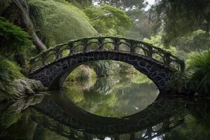 The fairytale bridge led across the tranquil pond to a world of wonder. photo