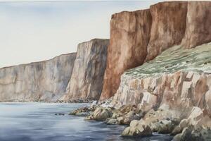 AI Generated Series of rocky cliffs and outcroppings leading down to a calm sea. Watercolor Painting. photo