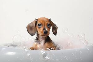 Super cute puppy dog full of bubbles in bathtub. photo