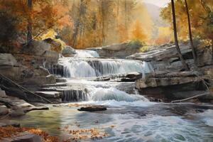 The cascading waterfalls in the watercolor painting looked like they were frozen in time. photo