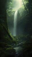 Waterfall is flowing in a green forest, in the style of mystical realms, fleeting light contrasts. photo