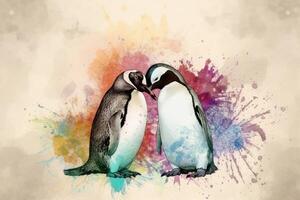 AI Generated Two penguins waddle together, it's clear they are a pair bonded for life. Watercolor Painting. photo