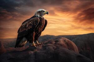 Majestic eagle perched on a rocky outcropping, framed by a dramatic, fiery sunset sky. photo