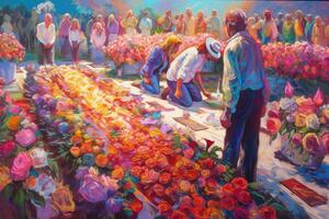 People paying their respects such as by laying flowers or wreaths. Memorial Day. Oil Painting photo