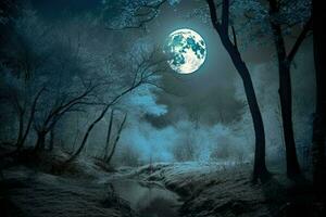 ai generado el místico Luna emitir un plateado resplandor terminado el encantado bosque. foto