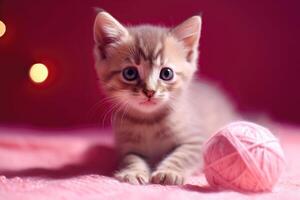 ai generado adorable gatito jugando con un pelota de hilo, conjunto en contra un brillante rosado antecedentes con reluciente estrellas. foto