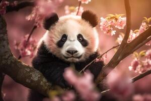 Cute baby panda sitting on a tree branch, surrounded by pink cherry blossoms and green leaves, with a soft, diffused light casting a warm glow on its fur. photo