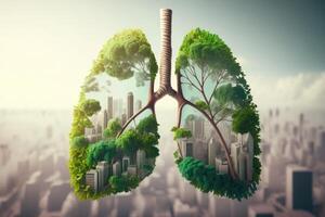 Air pollution of city patterned on fresh Green tree lung. Air pollution in city background. photo