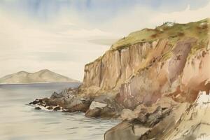 AI Generated Series of rocky cliffs and outcroppings leading down to a calm sea. Watercolor Painting. photo