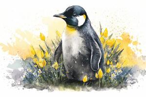 Adorable penguin waddled through a field of daffodils, its bright feathers contrasting with the flowers. Ink color painting. photo