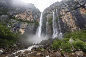 AI Generated The towering waterfalls cascaded down the rocky cliffs, creating a mesmerizing sight. photo