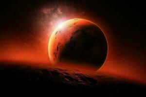 AI Generated Bright red planet looms ominously in the distance, casting a reddish hue over everything. photo