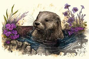 Playful otter frolicked in a stream bordered by blooming lavender. Ink color painting. photo