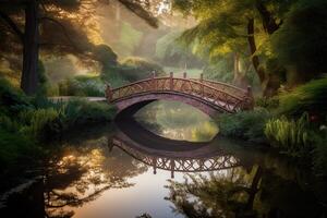 The fairytale bridge led across the tranquil pond to a world of wonder. photo