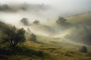 ai generado el místico niebla envuelto el paisaje, agregando un aire de misterio a esta encantado mundo. foto