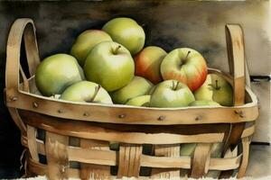 AI Generated Basket of Apples. Still life watercolor painting. photo