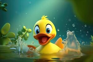 3D cartoon little duckling is splashing around in a pond, enjoying the cool water. photo
