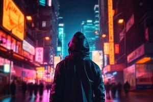 AI Generated Bustling city street with neon lights and towering skyscrapers. A person in a cyberpunk outfit with a visor walks past. photo