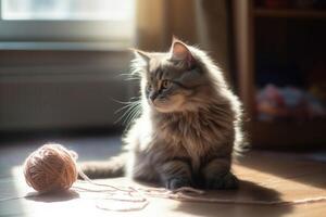Adorable fluffy kitten playing with a ball of yarn, in a pastel-colored room with a window that lets in warm sunlight. photo