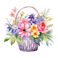 Cute watercolor flowers in basket. Illustration AI Generative png