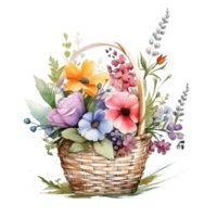 söt vattenfärg blommor i korg. illustration ai generativ png