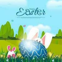 Easter theme, cute rabbits playing in the natural background on grass and flowers, rabbit peeking from behind eggs, Easter greetings in the natural backgrounds with sunlight, vector