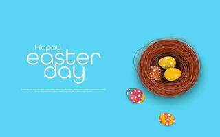 Happy Easter poster and banner template with Easter eggs in the nest on blue background. Topic for website advertising and shopping template for Easter vector