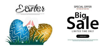 Easter Big Sales Banner Template Beautiful rabbit peeking out from behind eggs on a white background. promotion and shopping template. vector