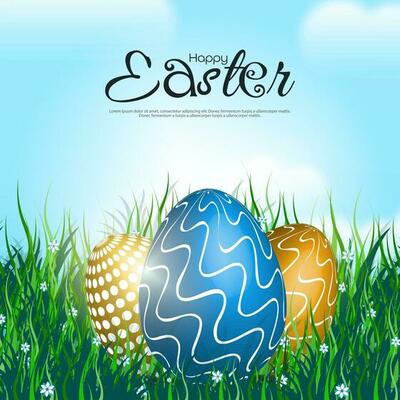 Easter eggs decorated on the grass against the backdrop of the sky with sunlight.