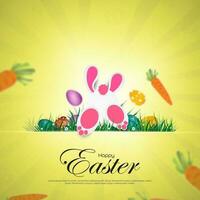 Funny rabbit jumps in the middle of the green grass where there are beautiful flowers and colorful Easter eggs. light rays background. vector