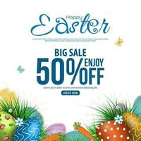 Easter sale poster or banner template with colorful decoration of Easter eggs and carrots and butterflies. Easter greeting card, promotion and shopping template. vector