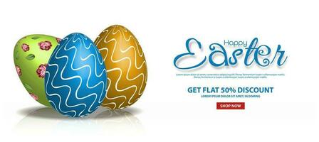 Easter sale poster template. Colorful Easter eggs with reflection on a white background. vector