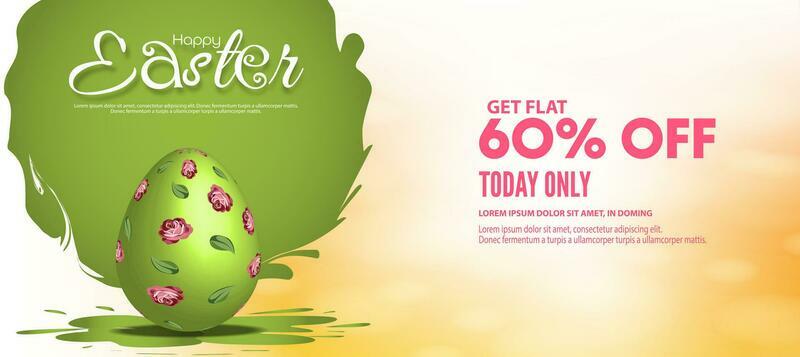 Easter sale poster or banner template with Colorful Painted Easter Eggs with bokeh effect background.