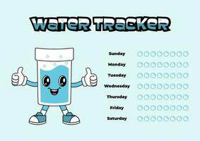 Daily water tracker balance vector calendar. Habit tracker concept and for effective planning. Drinking enough water, hydration challenge. Cute character in retro groovy style.