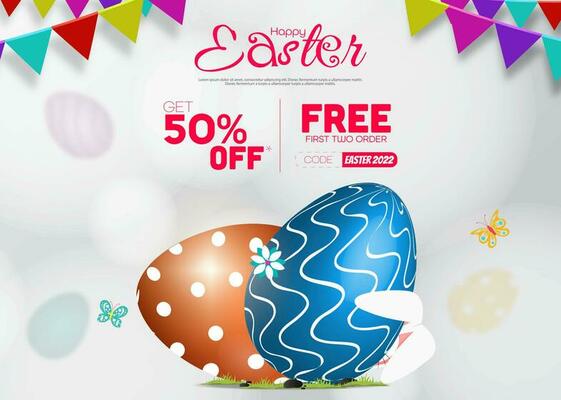 Easter sale poster or banner template with beautiful colorful holiday party flag and eggs.