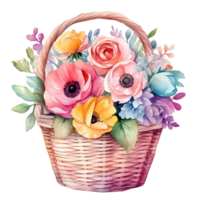 Cute watercolor flowers in basket. Illustration AI Generative png