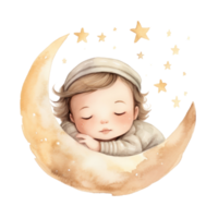 mignonne aquarelle bébé bien nuit lune illustration ai génératif png