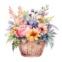 Cute watercolor flowers in basket. Illustration AI Generative png