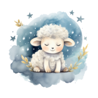 Cute watercolor baby good night sheep on moon Illustration AI Generative png