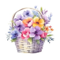 Cute watercolor flowers in basket. Illustration AI Generative png