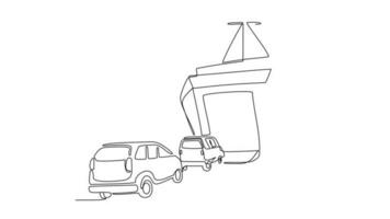 Animated self drawing of single continuous line draw for vehicle enters to the ship. Sea vehicle in simple linear style. Transportation design concept animation. full length animation video