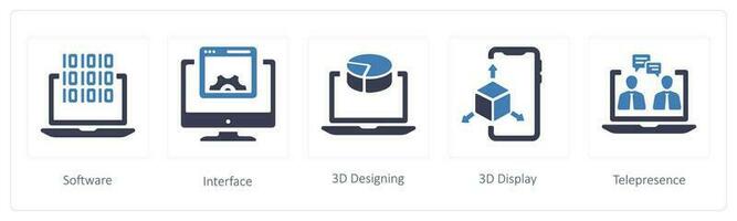 Virtual Reality icons such as Software, interface and 3D Designing vector