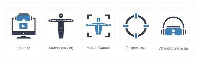 Virtual Reality icons such as 3d video, motion tracking and Motion Capture vector