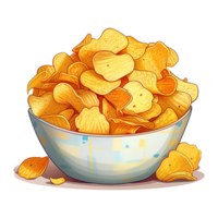 Crunchy and delicious fried potato chips clipart. Cartoon illustration of tasty fast food snack. Generative AI png