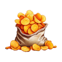 Crunchy and delicious fried potato chips clipart. Cartoon illustration of tasty fast food snack. Generative AI png