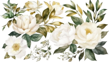 White flowers, rose, peony, green and gold leaf branches collection, for fashion, backgrounds, textures, DIY, cards, wedding stationary, greetings, wallpapers, wrappers, invitations png