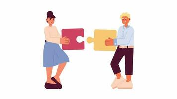 Networking businesspeople 2D animation. Colleagues teammates joining jigsaw puzzle pieces together 4K video motion graphic. Business merger colorful animated cartoon flat concept, white background