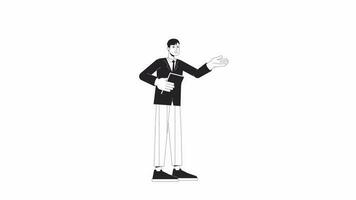 Manager with papers bw animation. Animated character office man with business report. Monochrome 2D flat outline cartoon 4K video, white background, alpha channel transparency for web design video