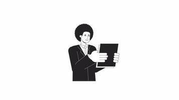 White collar worker bw animation. Animated character office man holding paperwork. Monochrome 2D flat outline cartoon 4K video, white background, alpha channel transparency for web design video
